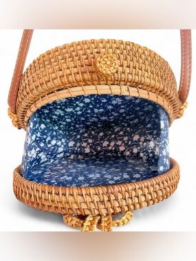 Woven Round Rattan Crossbody Bag - Brown